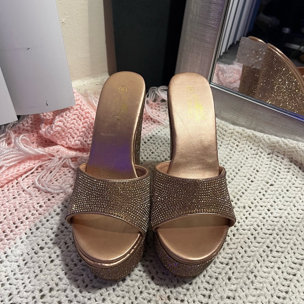 Rose Gold Jeweled Wedge Platforms Heels
